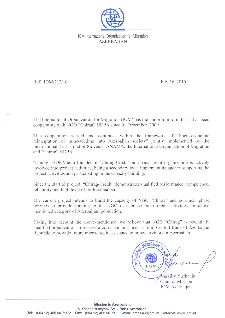 IOM reference letter