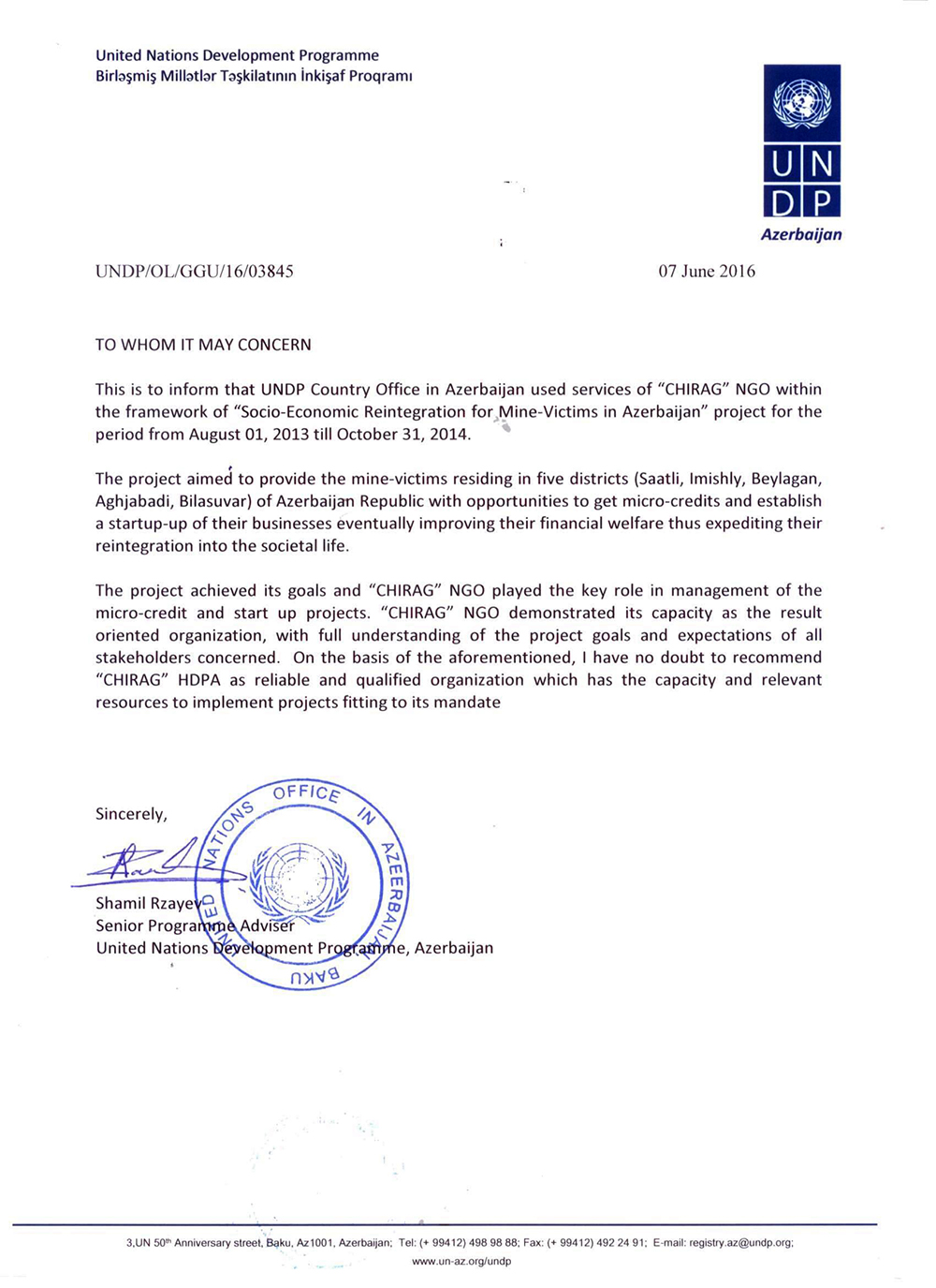 UNDP reference letter